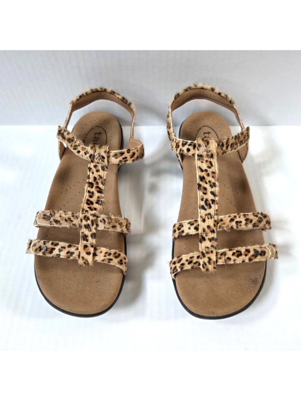 Taos Sandals 9 Trophy 2 Beige Cheetah Pony Hair Leather T Strap Comfort Shoes - Picture 7 of 11